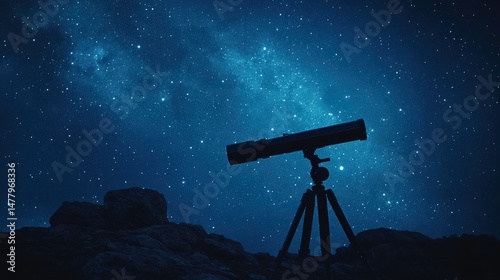 Silhouette of telescope against a starry night sky.