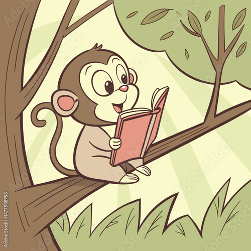 Baby monkey happily learning to read story book Adobe Illustrator Artwork