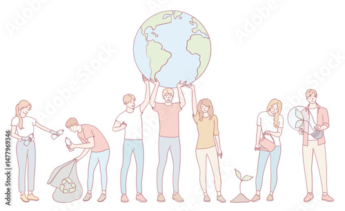 An illustration of diverse individuals engaging in ecofriendly initiatives to positively impact our planet