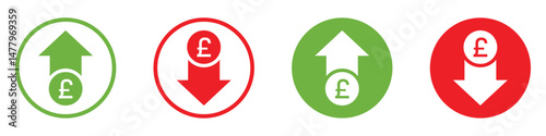 Set of financial icons with pound currency symbols, green up arrows and red down arrows, representing price increase and decrease, earnings growth, loss, inflation, and deflation indicators.