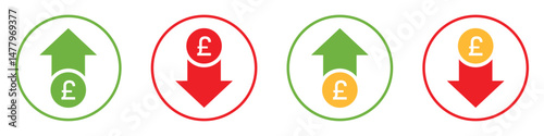 Set of financial icons with pound currency symbols, green up arrows and red down arrows, representing price increase and decrease, earnings growth, loss, inflation, and deflation indicators
