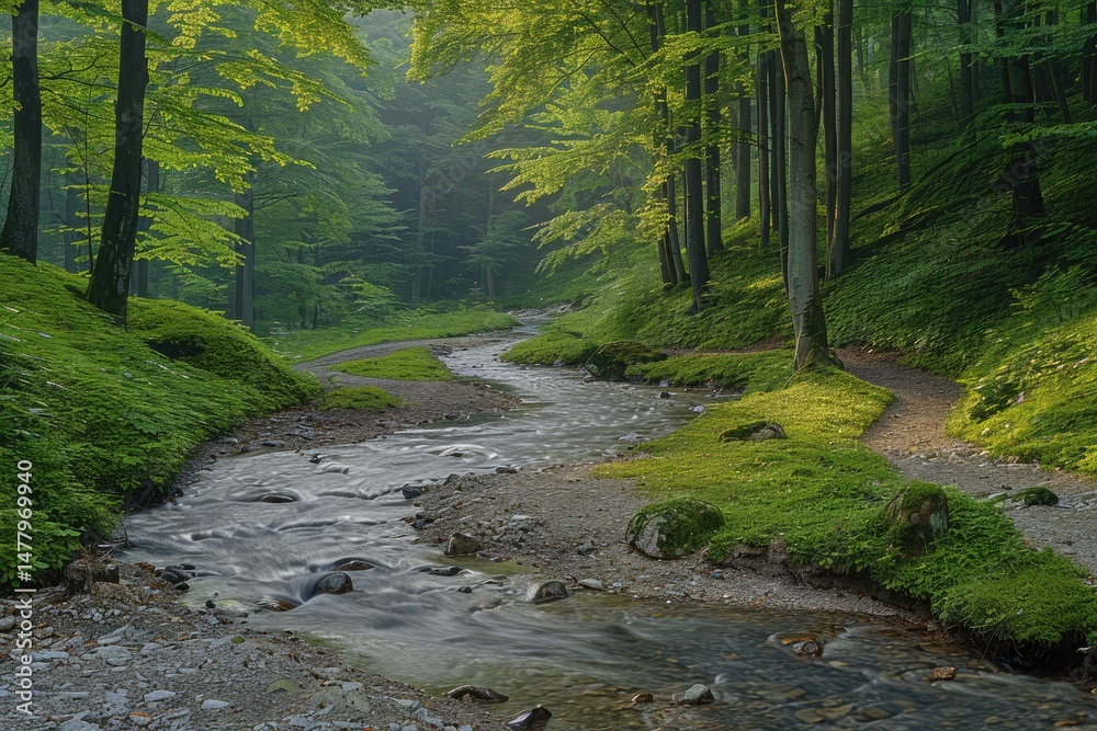 Obraz premium Verdant forest path winding through a meandering stream.
