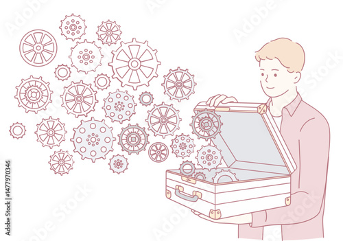 A man opens a suitcase and reveals intricate gears and inventive ideas, symbolizing both creativity and innovation