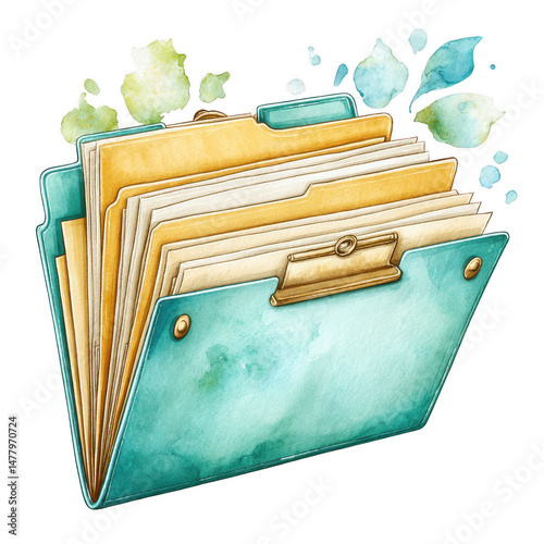 Watercolor illustration of an open blue folder with yellow files inside.