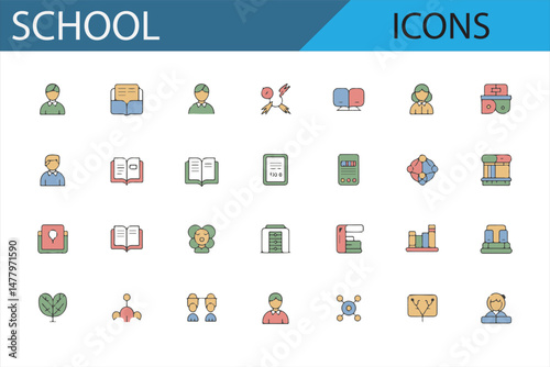 Set of educational icons including books, buses, and students