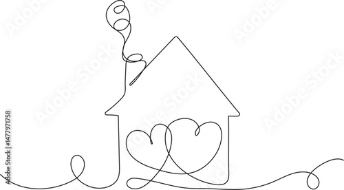 Continuous line drawing of a house with two hearts inside, symbolizing warmth, comfort, care, and a cozy home atmosphere. Minimalistic and emotional linear design perfect for concepts of family, love