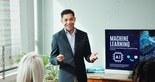 Fotografi Businessman, coach and presentation with screen for machine learning, AI program or workshop