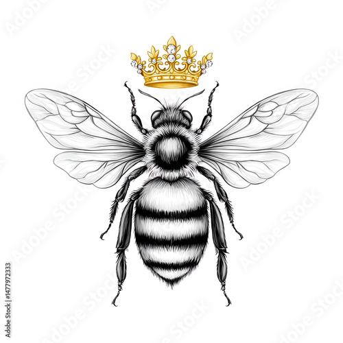 A black and white striped bumble bee has a golden crown on its head above