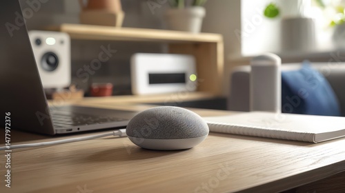 Close up of a gray google home mini on a wooden desk with a laptop and other items in the background