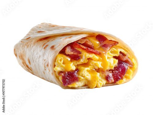 A delicious breakfast burrito filled with scrambled eggs, melted cheese, and crispy bacon sits isolated on a clean white background, ready to be eaten quickly now.