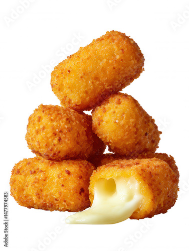 A golden brown stack of fried cheese curds with one broken apart, displaying creamy melted cheese against a pure white studio background for snack ideas.