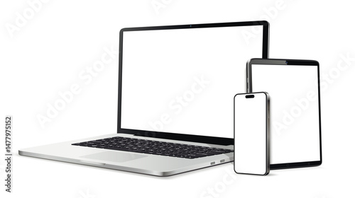 Laptop computer, tablet and cellphone realistic devices mockup