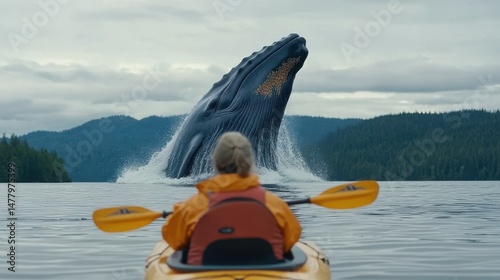 Adventurous kayaker witnessing a breaching whale, vibrant kayak in the foreground, breathtaking ocean scenery, thrill of nature.
