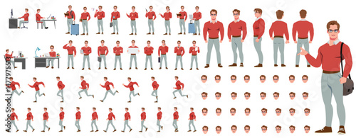 Man Character design. Front, side, back view and explainer animation poses. Character set with lip sync and facial expressions of Happy, angry, sad, Joy with Side walk cycle animation sequence sprite 