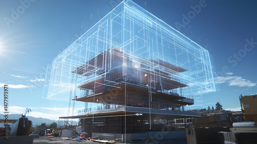 Wallpaper Mural Modern Building Construction with Digital Holographic Overlay Torontodigital.ca