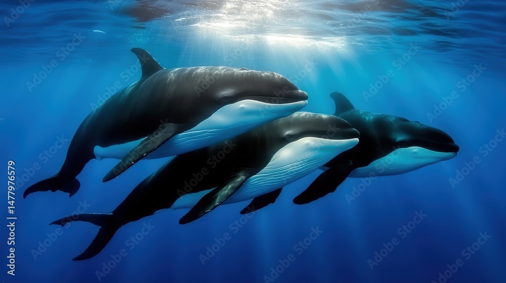 Playful dolphins swimming together, group of three dolphins gliding through water in bright blue ocean, perfect for marine themes. Playful dolphins swimming together, group of three dolphins gliding through water in bright blue ocean, perfect for marine themes.