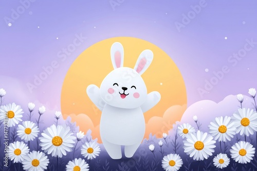 Adorable Cartoon Bunny in a Floral Field at Sunset Cute Animal Illustration for Kids Fantasy