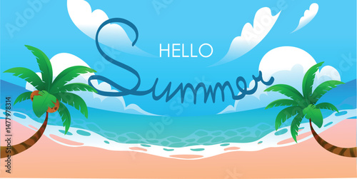 Bright summer beach. Seashore with coconut palms. Banner Background Template Design. Inscription hello summer.	