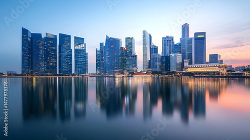 Modern City Skyline at Twilight with Water Reflections