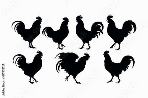 Silhouettes of Roosters in Various Poses