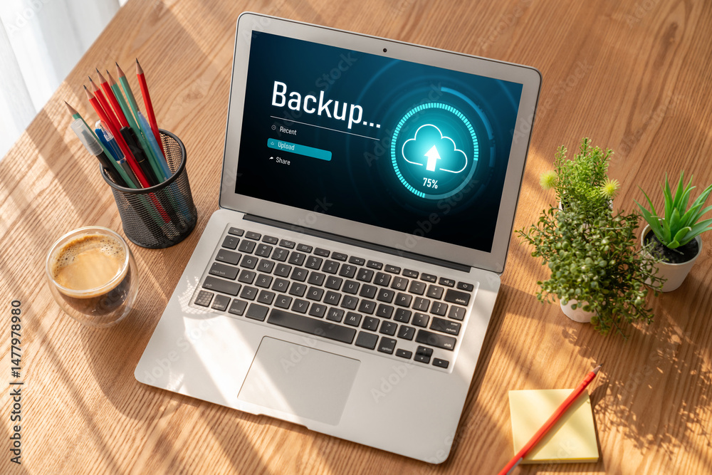 Fototapeta premium Backup Storage Data Internet Technology Business concept. Database storage cloud technology file data transfer sharing, cyber, big data information, internet banking application download upload snugly