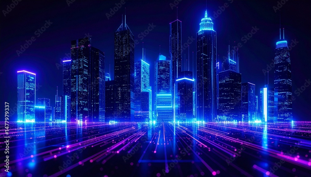 Neon cityscape at night, glowing skyscrapers and vibrant lights reflecting on the wet streets