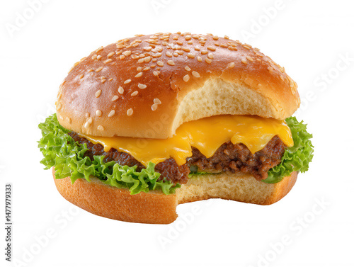 A delicious cheeseburger with a sesame seed bun, juicy patty, melted cheese, and fresh lettuce has a bite taken out of it, against a bright white background.