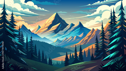 Pine forests frame the valley like protective arms, adding depth and contrast to the bright mountain skyline. Wisps of clouds drift lazily, brushing against the peaks in a dance of light and shadow.

