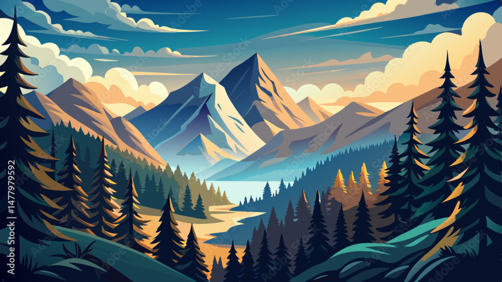 Pine forests frame the valley like protective arms, adding depth and contrast to the bright mountain skyline. Wisps of clouds drift lazily, brushing against the peaks in a dance of light and shadow.

