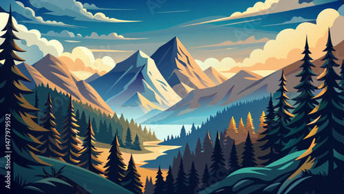 Pine forests frame the valley like protective arms, adding depth and contrast to the bright mountain skyline. Wisps of clouds drift lazily, brushing against the peaks in a dance of light and shadow.


