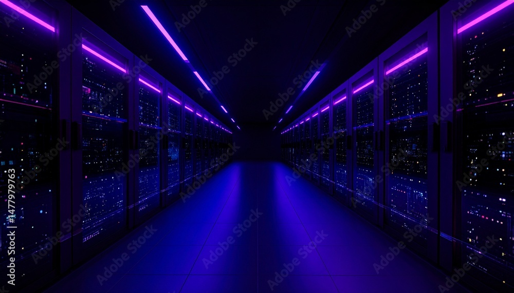 Fototapeta premium Illuminated Data Center Corridor. The scene is an abstract, atmospheric render of a data center corridor with glowing neon light fixtures. The servers are arrayed on both sides.