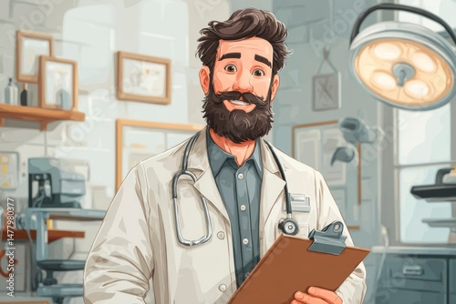 A cheerful medical professional in a wellequipped clinic holding a clipboard and wearing a st