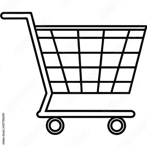 Outline Illustration of a Shopping Cart with Handle and Wheels Design Graphic