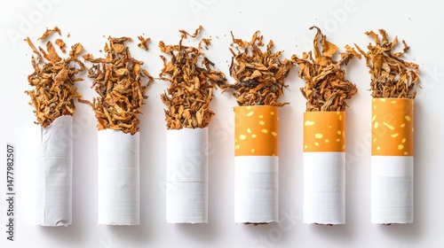 Close up of cigarettes with shredded tobacco against a white background