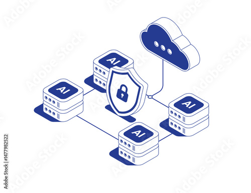 AI cloud server technology system with secure data shield and storage icon connected by data flows in isometric line contour vector illustration.