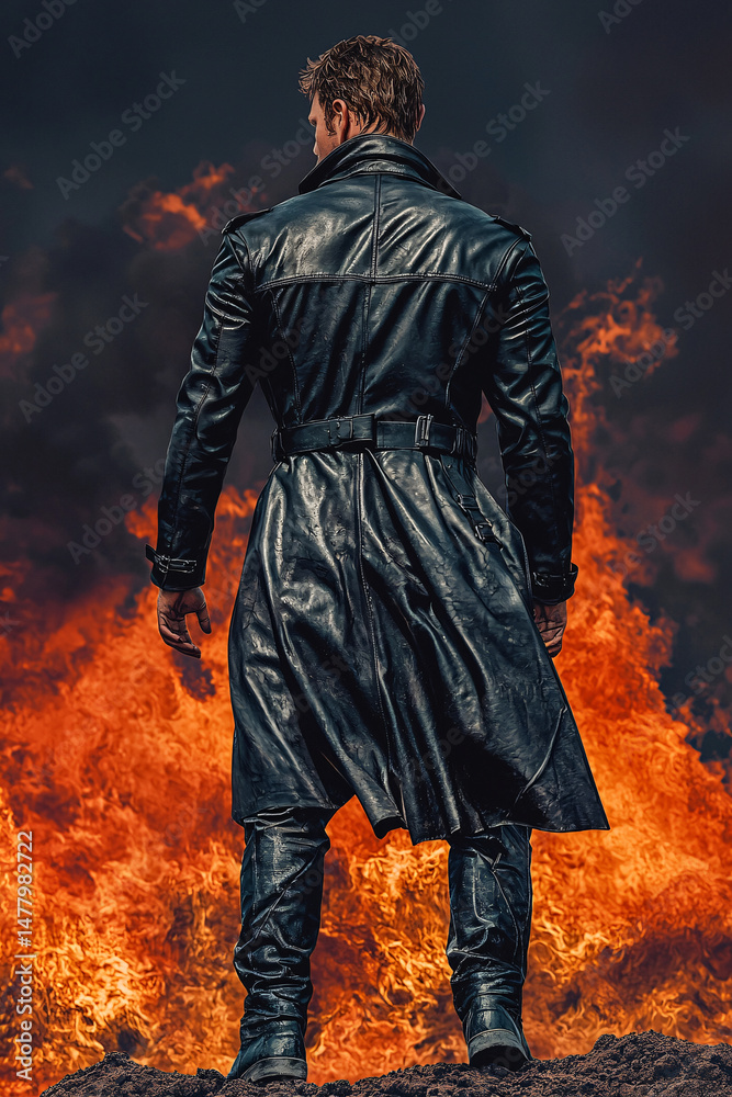 Fototapeta premium A man stands watching the flames of a blazing fire in a dark overcoat, showing strength and resilience.