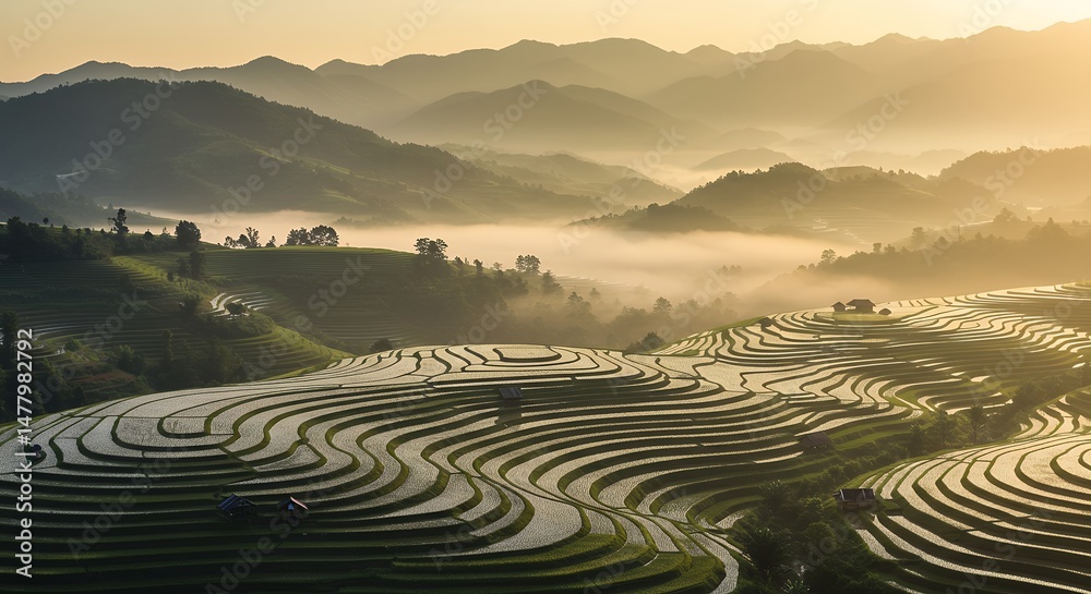 Naklejka premium Rice Terraces Misty Mountains at Sunrise
