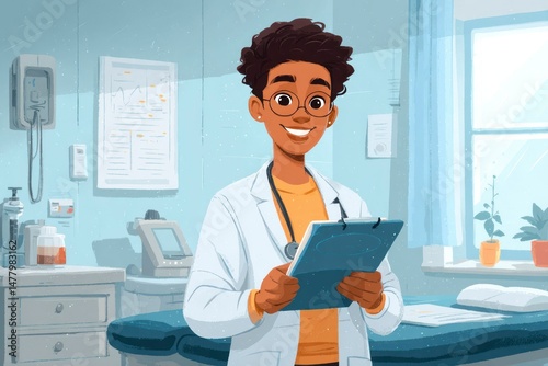 Medical Professional in a Modern Clinic Holding a Clipboard and Smiling at the Camera