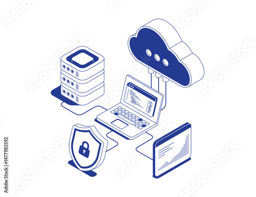Cloud server with data analytics dashboard on laptop and cloud storage icon connected to server rack in isometric line contour vector illustration.