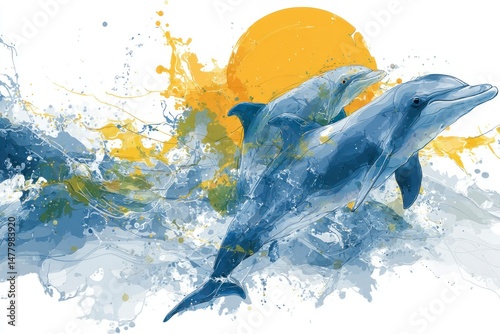 Energetic Dolphins Leaping Against a Vibrant Sunset Background Ocean Wildlife Artwork Dynamic