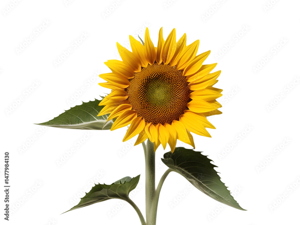 Fototapeta premium Bright Yellow Sunflower Blooming with Leaves Isolated on Black Background