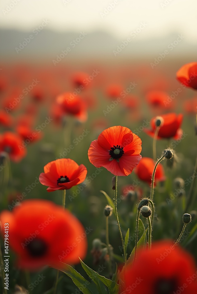 Fototapeta premium Red poppy flower field at sunset with blurry background. Wild floral scene in meadow. Seasonal beauty of nature with copy space concept.
