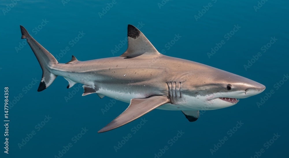 Obraz premium Ocean shark bottom view from below. Open toothy dangerous mouth with many teeth. Underwater blue sea waves clear water shark swims , Shark Under Water