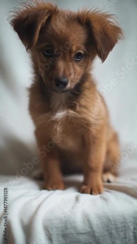 Adorable fluffy light brown puppy sitting calmly indoors looking at the camera with a blurry white background in a vertical shot