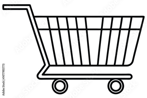 Outlined Shopping Cart Illustration Retail Trolley with Handle and Wheels Design