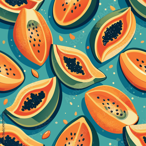Colorful papaya slices arranged on a vibrant background depicting a tropical theme Generative AI
