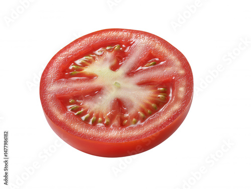 Wallpaper Mural A vibrant red tomato slice, showcasing its juicy interior with visible seeds and fleshy texture, is isolated against a clean white backdrop in a simple food still life. Torontodigital.ca