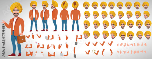 Man Character design. Front, side, back view and explainer animation poses. Character set with lip sync and facial expressions of Happy, angry, sad, Joy with Side walk cycle animation sequence sprite 