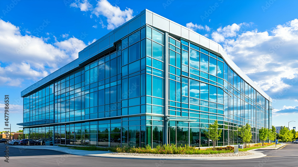 Modern Glass Office Building Exterior on a Sunny Day Modern Glass Office Building Exterior on a Sunny Day