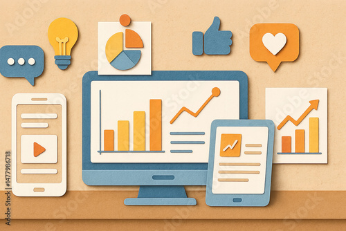 Modern digital marketing concept with computer, graphs, charts and social media icons in paper cut style